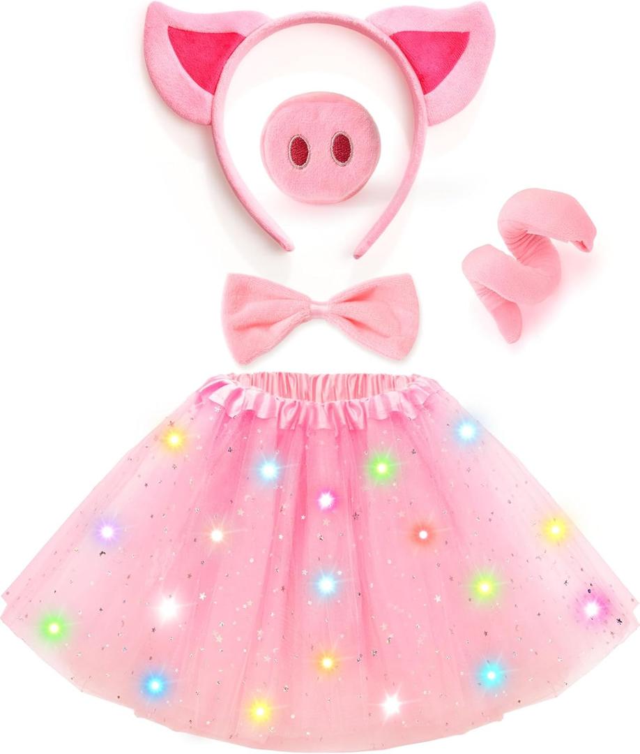 G.C Kids Light Up Pig Costume Girls Pig Ears Headband Nose Tail Bow Tie Tutu Skirt Accessories Animal Costumes Halloween Cosplay Birthday Gifts
