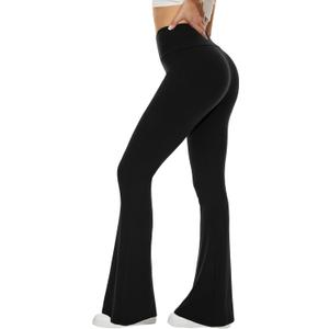 Sundwudu Black Flare Yoga Pants for Women - Soft High Waist Bootcut Leggings Tall & Long Bootleg Pants for Women Large