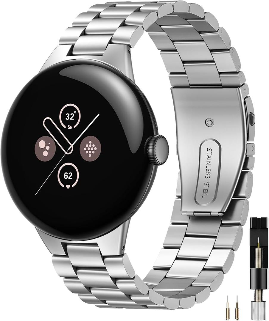 Miimall Metal Band Compatible for Google Pixel Watch 4(2025)/3 45mm 41mm Band, No Gap, Men Business Stainless Steel Adjustable Wristband Replacement Strap for Pixel Watch 4/3/2/1 (Silver)