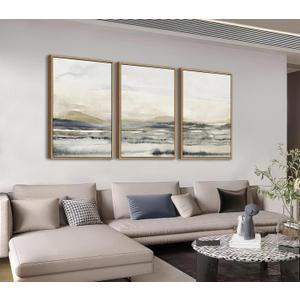 Shoci Large Framed Neutral Abstract Wall Art Modern Gray Plain Canvas Artwork Natural Float Framed Minimalist Grey Green Mountain Lake Prints Decor for Living Room Bedroom Office 24X36 Inch Set of 3