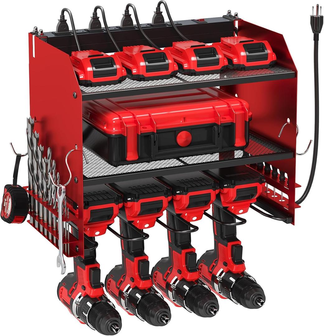 TLGREEN Wall-Mount Tool Charging Station, 4 Drill Holders, 8 Outlets