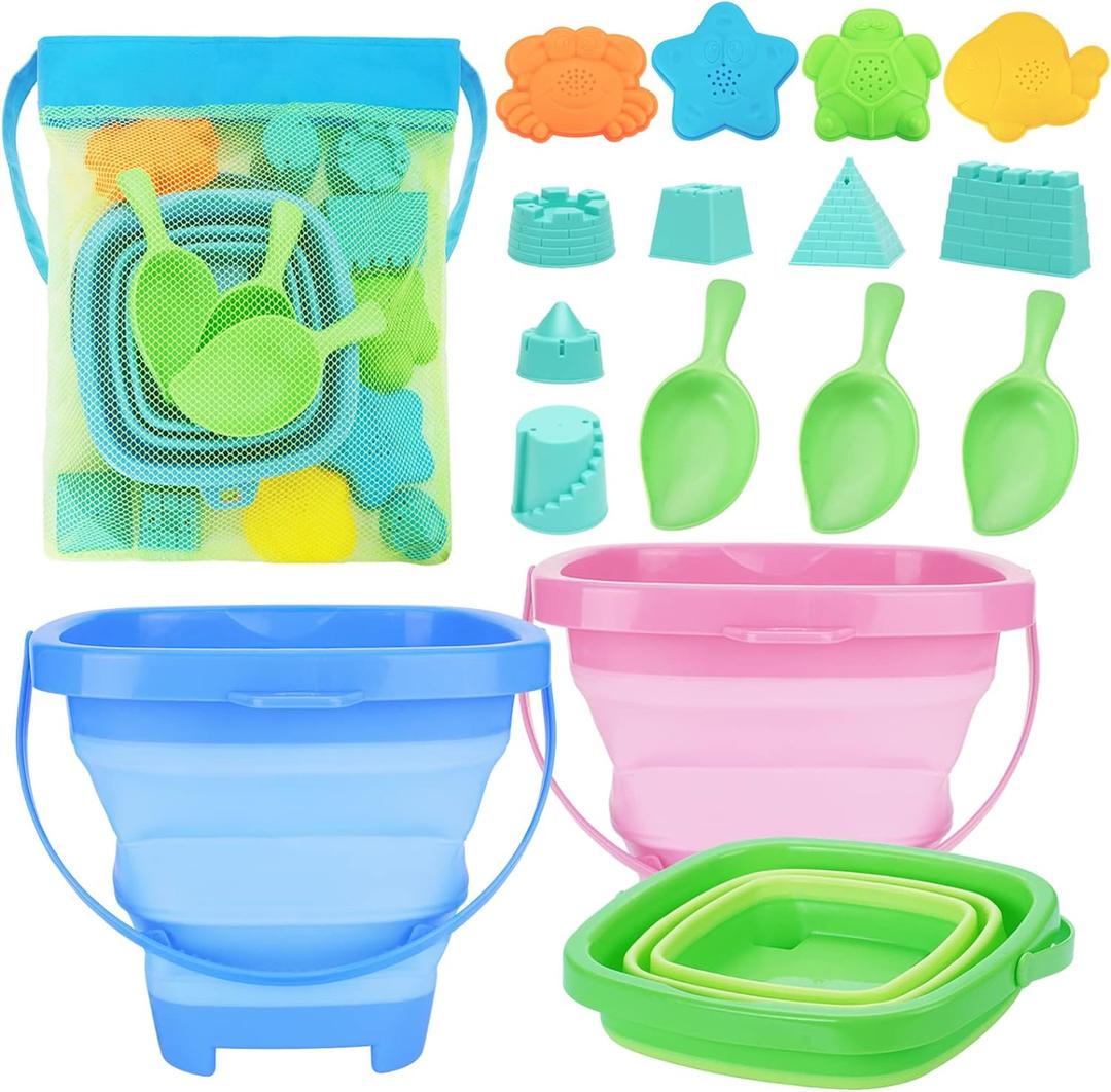 RACPNEL Collapsible Beach Toys for Kids, 3 Pack Foldable Sand Buckets and Shovels Set with Mesh Bag, Silicone Pails for Beach Travel Essentials, Easter Egg Hunt, Sand Toys Molds for Kids and Toddlers