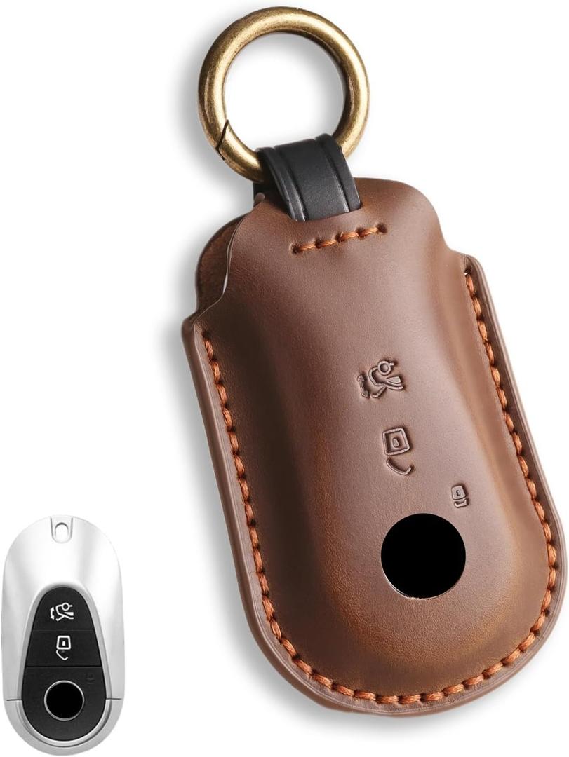 for Mercedes Key fob Cover. Compatible with Mercedes Benz C, CLE, E, S-Class, SL, EQE, EQS, GLC GLS 3 Button Smart Leather Car Key Protector Case Shell Chain Accessories/ Brown