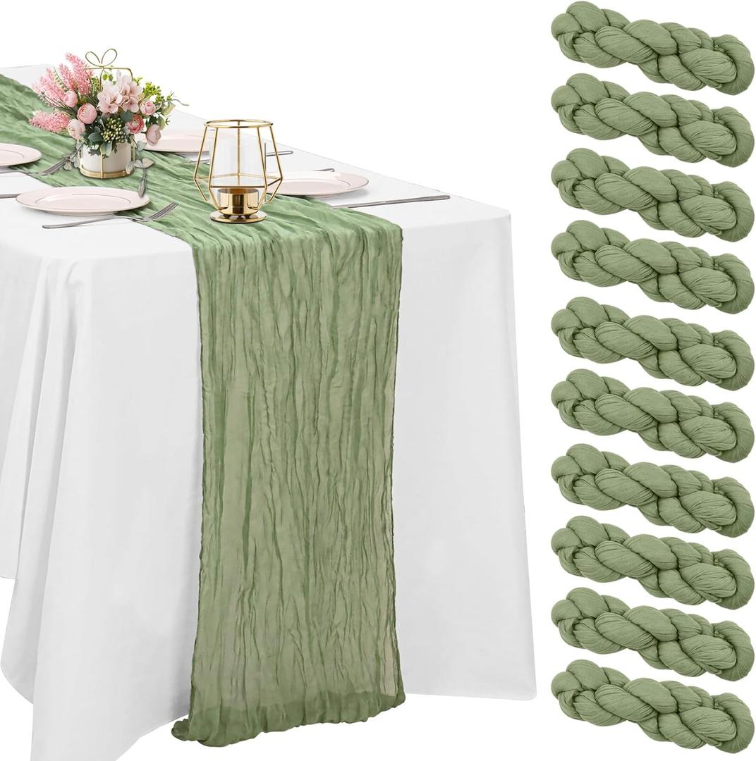 10 Pack Sage Green Cheesecloth Table Runner 6FT Boho Gauze Fabric Table Runner Vintage Rustic Sheer Runners for Wedding Party Bridal Baby Shower Long Table Decorations