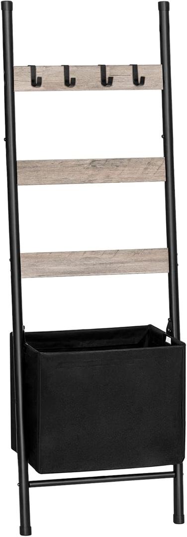 HOOBRO Blanket Ladder with Basket, 17.3L x 63.4H, Towel Rack with Hooks, Blanket Holder Rack, Decorative Ladder Shelf, Drying and Display Rack for Bathroom, Living Room, Greige BG31CJ01