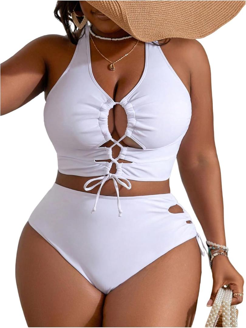 SOLY HUX Women's Plus Size Bikini Set Sexy Swimsuit Lace Up Tummy Control 2 Piece Bathing Suit, XL