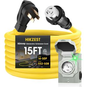 50 Amp Generator Cord and Power Inlet Box, Heavy Duty 15FT Generator Extension Cord, NEMA 14-50P to SS2-50R 125/250V Twist Locking with Pre-Drilled Inlet Box for Outdoor Emergency Kit