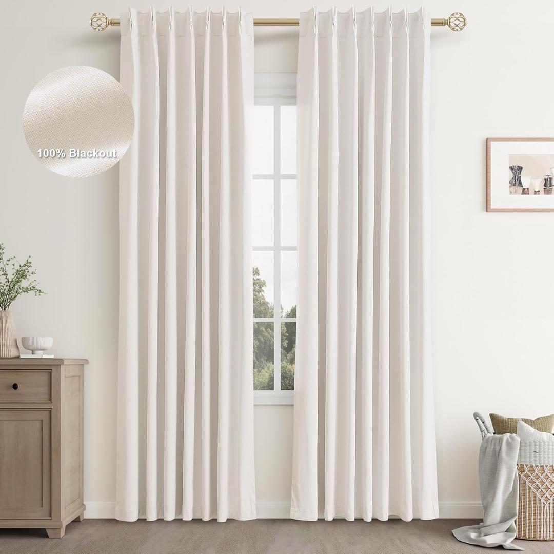 Joywell Linen 100% Blackout Curtains 84 Inch Long,Pinch Pleated Back Tab Drapes with Hooks Thermal Insulated Warm Cold Blocking Noise Reduction for Bedroom Living Room,W40 x L84,Ivory,2 Panels Set