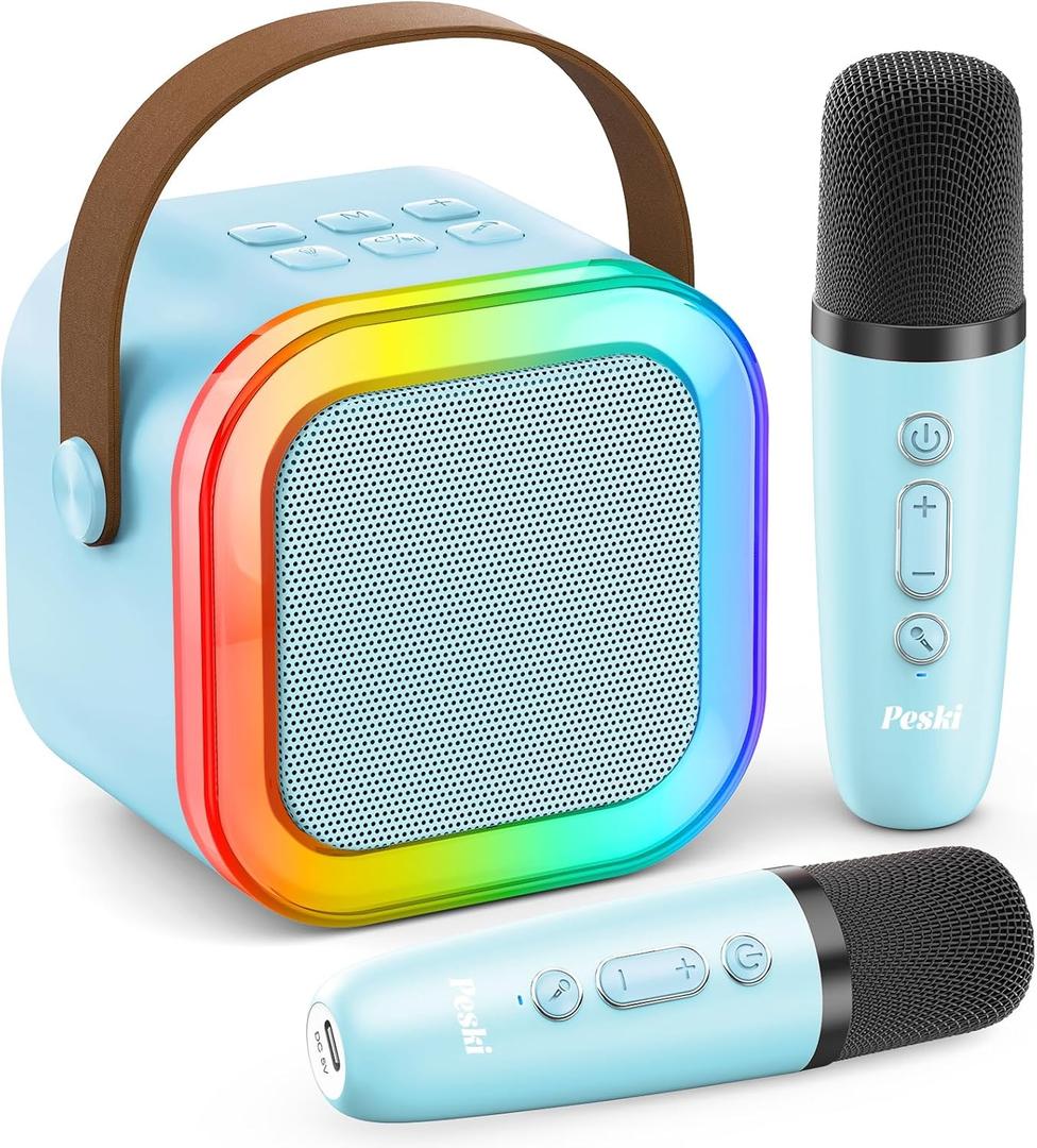 Karaoke Machine for Kids Adults, Portable Bluetooth Mini Karaoke Microphone Singing Speaker Karaoke Player with 2 Wireless Mic, for All Smartphones,Birthday, Family,Home Party(Blue)