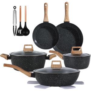 Ceramic Cookware Sets 15PCS Pots and Pans Set Non Stick (black15)