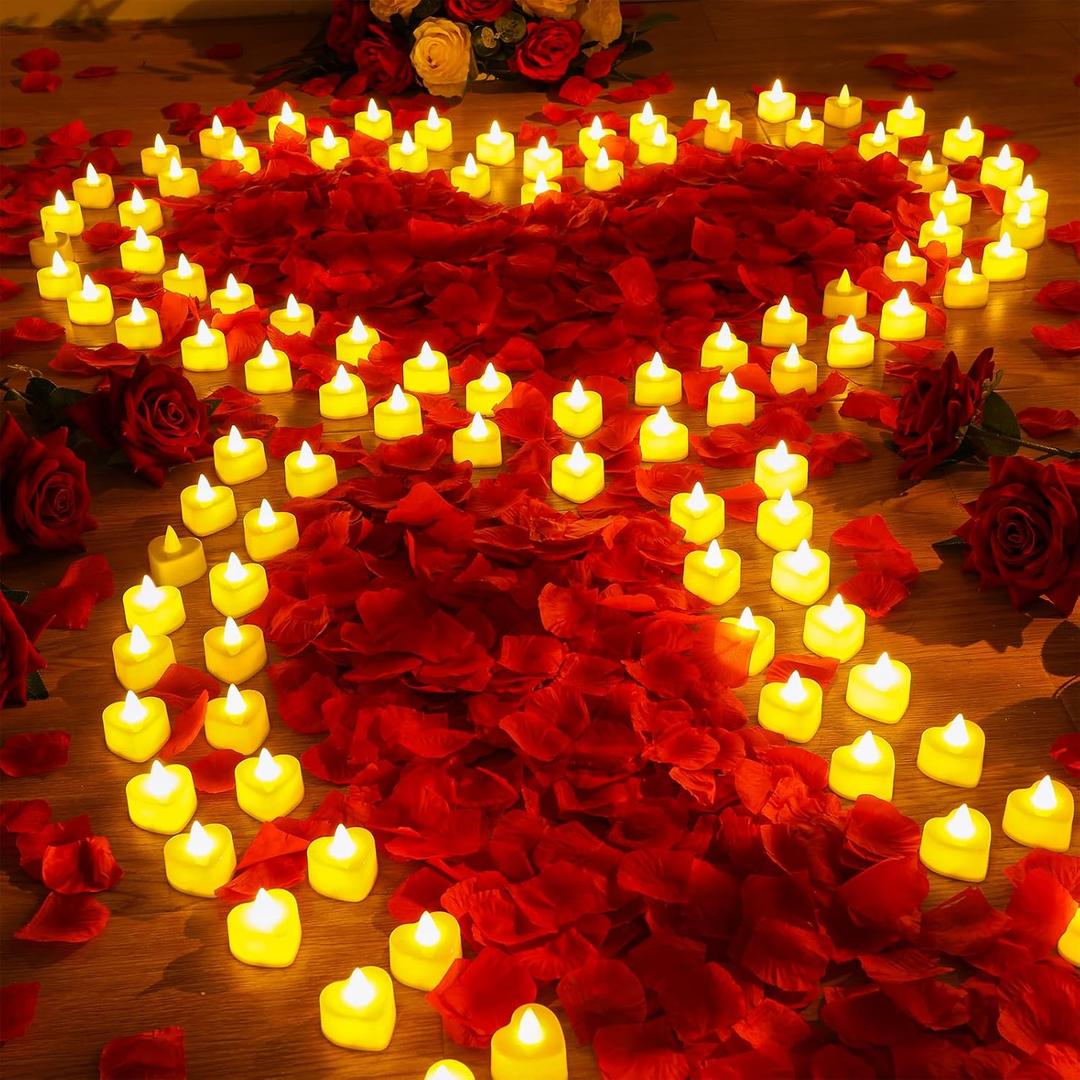 Coume 6000 Pcs Artificial Rose Petals with 120 Pcs Heart LED Tea Lights Candles Kit Rose Petals Candles Set for Romantic Night Anniversary Proposal Wedding Date Table Hotel Decor(Warm White Light)