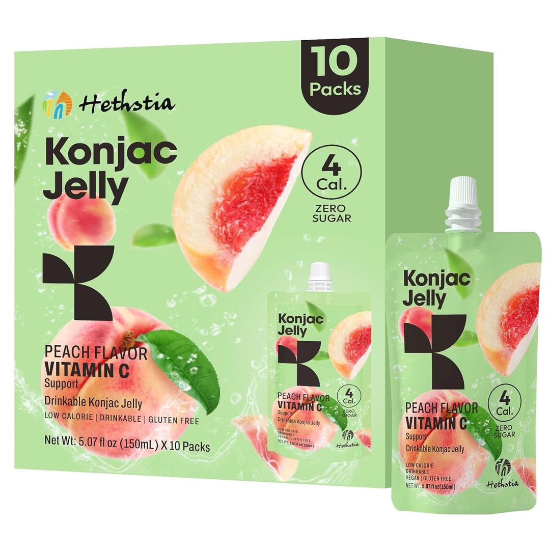Hethstia Konjac Jelly  Peach Flavor Drinkable Snack, 10-Pack Squeeze Pouches | 4 Calories, 0 Sugar, Vitamin C | Keto, Vegan, Gluten-Free, Healthy Low-Calorie Snack & Gift