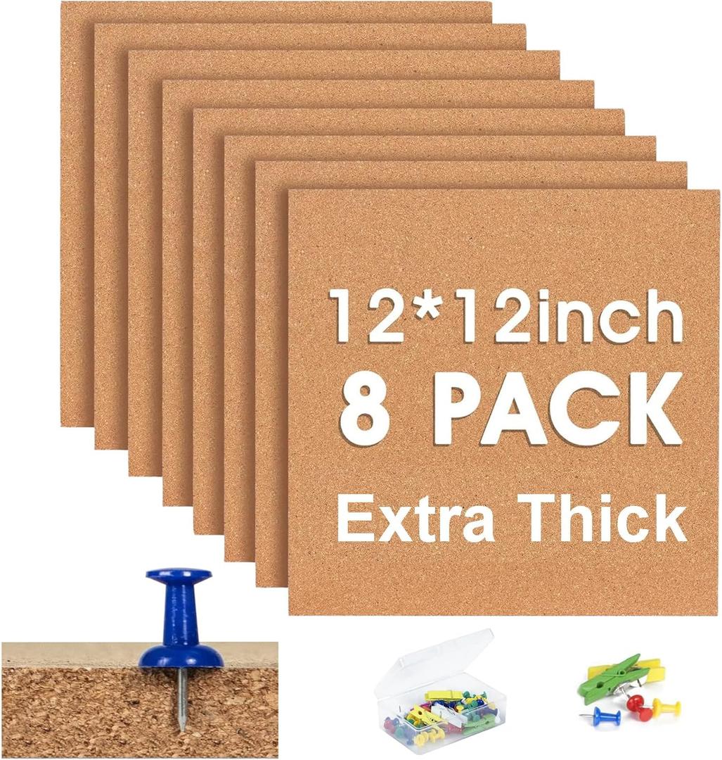 Square Cork Bulletin Board Tiles - SVOPY 8 Pack Extra Thick 12x12 Inches Cork Board Tiles for Wall for Home Office Decor, Cork Sheet,School Message Board and Decorative Display Boards (Brown)