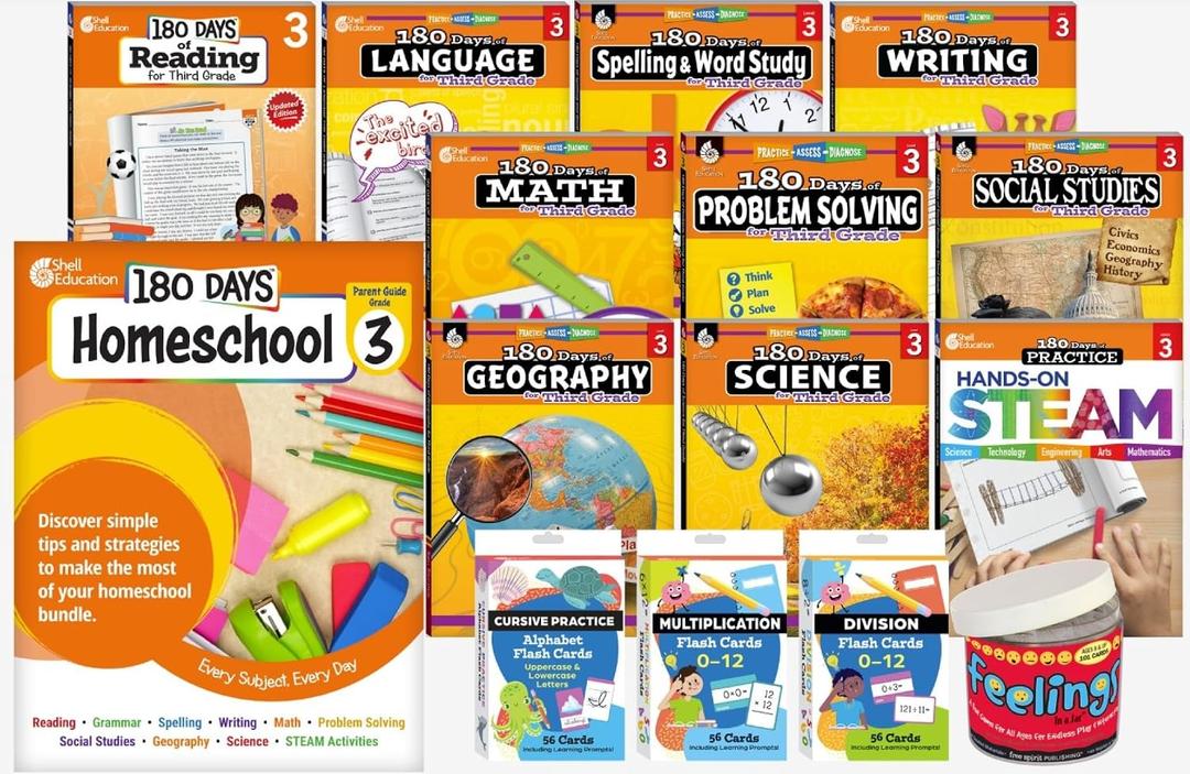 180 Days® Homeschool Grade 3 Set: Every Subject, Every Day (ten 180 Days® activity books, three flash card decks, and one In a Jar activity cards, and a parent guide): Every Subject, Every Day