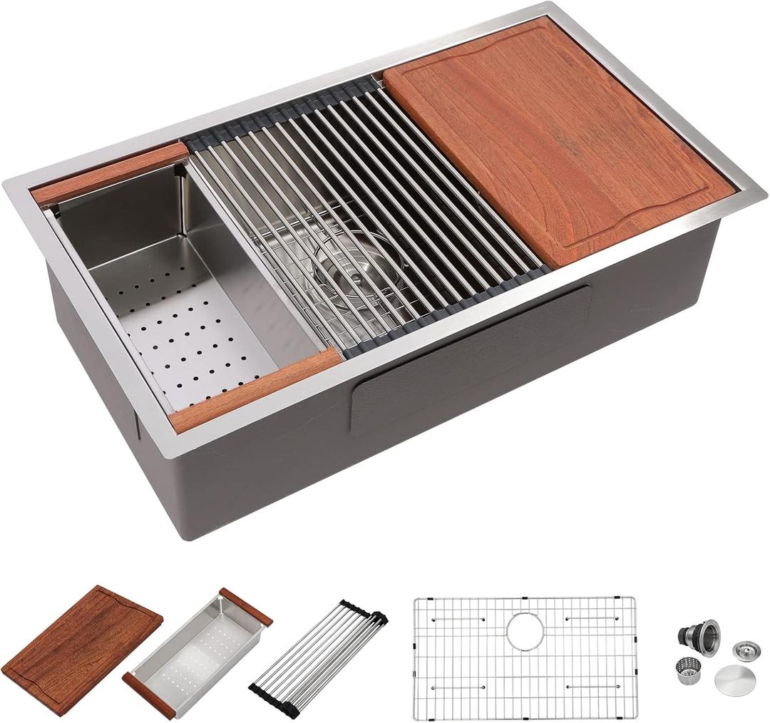 Dcolora 36" Undermount Kitchen Sink Workstation 16 Gauge Stainless Steel Kitchen Sink with Ledge Single Bowl Under Counter Sink Basin, Round Corner 36"x19"x10", DC-U7711