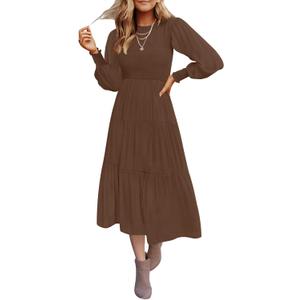 ZESICA Women's Casual Long Sleeve Crew Neck High Waist Smocked Flowy Tiered Midi Dress (Coffee, S )