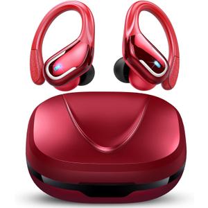 Wireless Earbud, 75Hrs Bluetooth 5.4 Headphones IP7 Waterproof for Sport, Running Wireless Earphones with ENC Noise Canceling Mics, Deep Bass Over Ear bud with Earhooks for Android, iOS, Workout, Gym (Dark red)