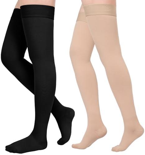 Compression Stockings for Women & Men, 2 Pairs 15-20mmHg Thigh High Compression Socks for Varicose Veins, Swelling, Pregnant M