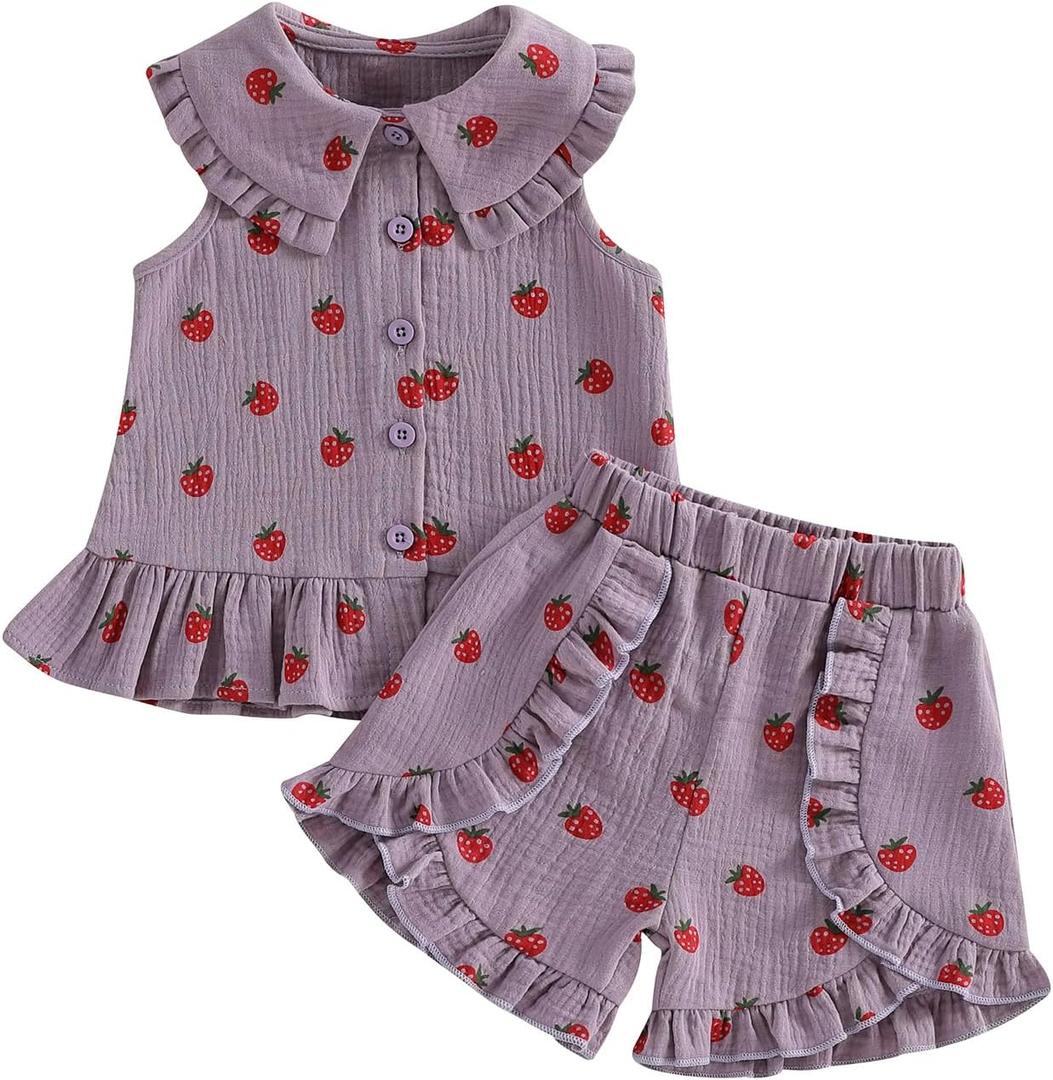 Baby Girl 2Pieces Outfit Strawberry Print Button Down Shirt Tops Cotton Shorts Toddler Little Girls Summer Clothes Set (Purple) Size: 4-5T