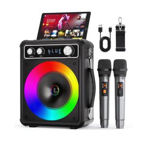 Karaoke Machine, Portable Bluetooth Karaoke Speaker with 2 Wireless Microphones, PA System for Adults Kids with LED Lights & Echo Adjustment, Supports TWS/TF/USB/AUX for Home Party