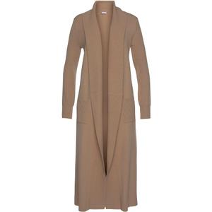 LASCANA Women's Long Knit Cardigan - Calf-Length, Open Front with Ribbed Shawl Collar, Size US 8/10