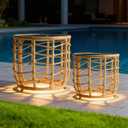 PARTPHONER Boho Solar Outdoor Side Table with Built-in Lights Set of 2, All-Weather Wicker Nesting Tables, Round Waterproof Accent End Table Design for Patio, Porch, Garden & Balcony, Natural Brown