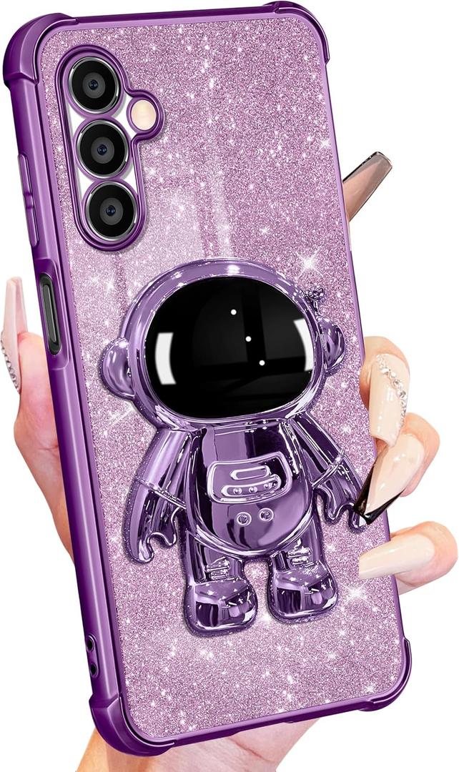 Buleens for Samsung Galaxy A25 5G Phone Case Women Girls Cute Astronaut Glitter Sparkly Girly Cover with 6D Astronaut Hidden Stand Kickstand Design Sparkle Bling Cases for Samsung A25 5G 6.5'' Purple