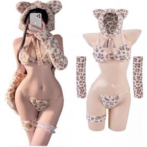 7 Pcs Alluring Anime Tiger Maid Costume for Women Cat Costumes Set with Plush Bra, Tail G-string, Ears Hat, Gloves and Fishnet Stockings, Furry Babydoll Bodysuit, One Size 
