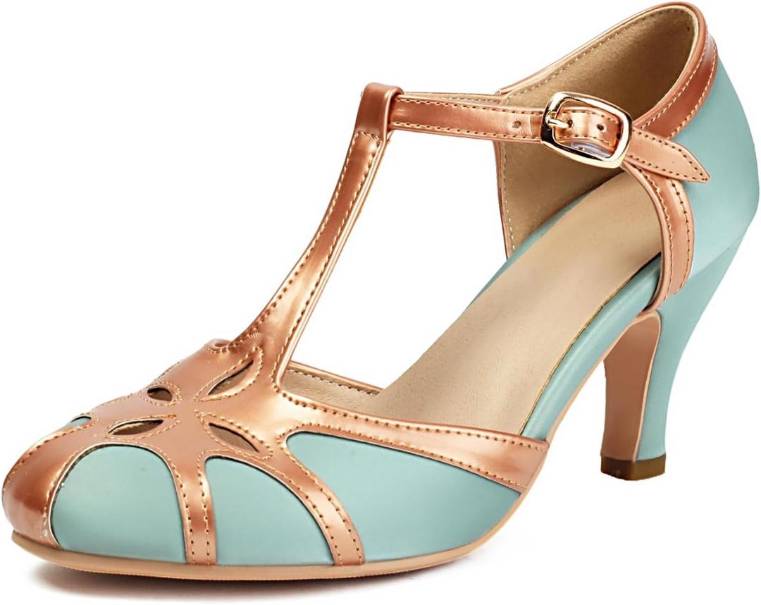 Elerhythm Women's Mary Jane Rockability Tear Cut Close Round Toe T Strap Vintage 1950s Heels Retro 1920s Victorian Pumps Shoes (Blue, 6)