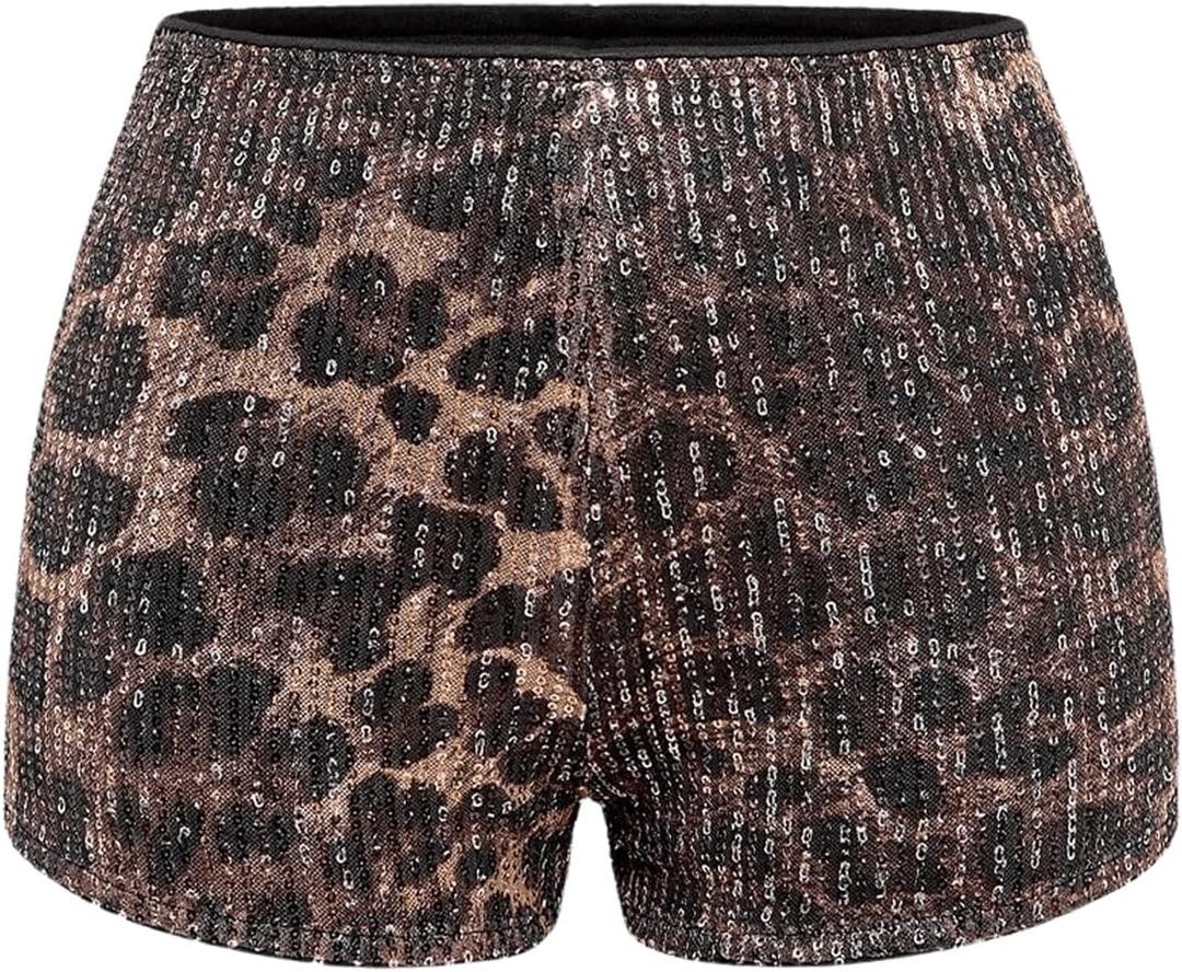 Floerns Women's Sequin Cheetah Print Rave Outfits Y2k Mini Micro Shorts (Brown) S
