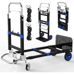 Convertible Hand Truck Dolly Cart/Folding Cart / 4-Wheel Collapsible/ 2 Straps/Adjustable Height Length/for Luggages/Cartons/Warehouse/Supermarket/Office / 500 Lbs Load