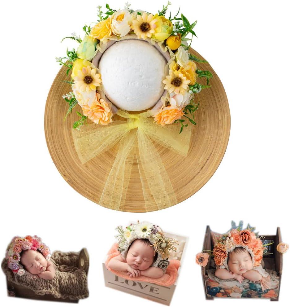 Newborn Photography Props Boys Girls Floral Sitter Hat Baby Photo Props Flowers Bonnet (Cream)