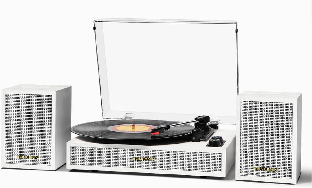 Vinyl Record Player with External Speakers, 3 Speed Vintage Belt Drive Turntable Record Player with Stereo Speakers RCA Audio Out and Aux-in, White Wood