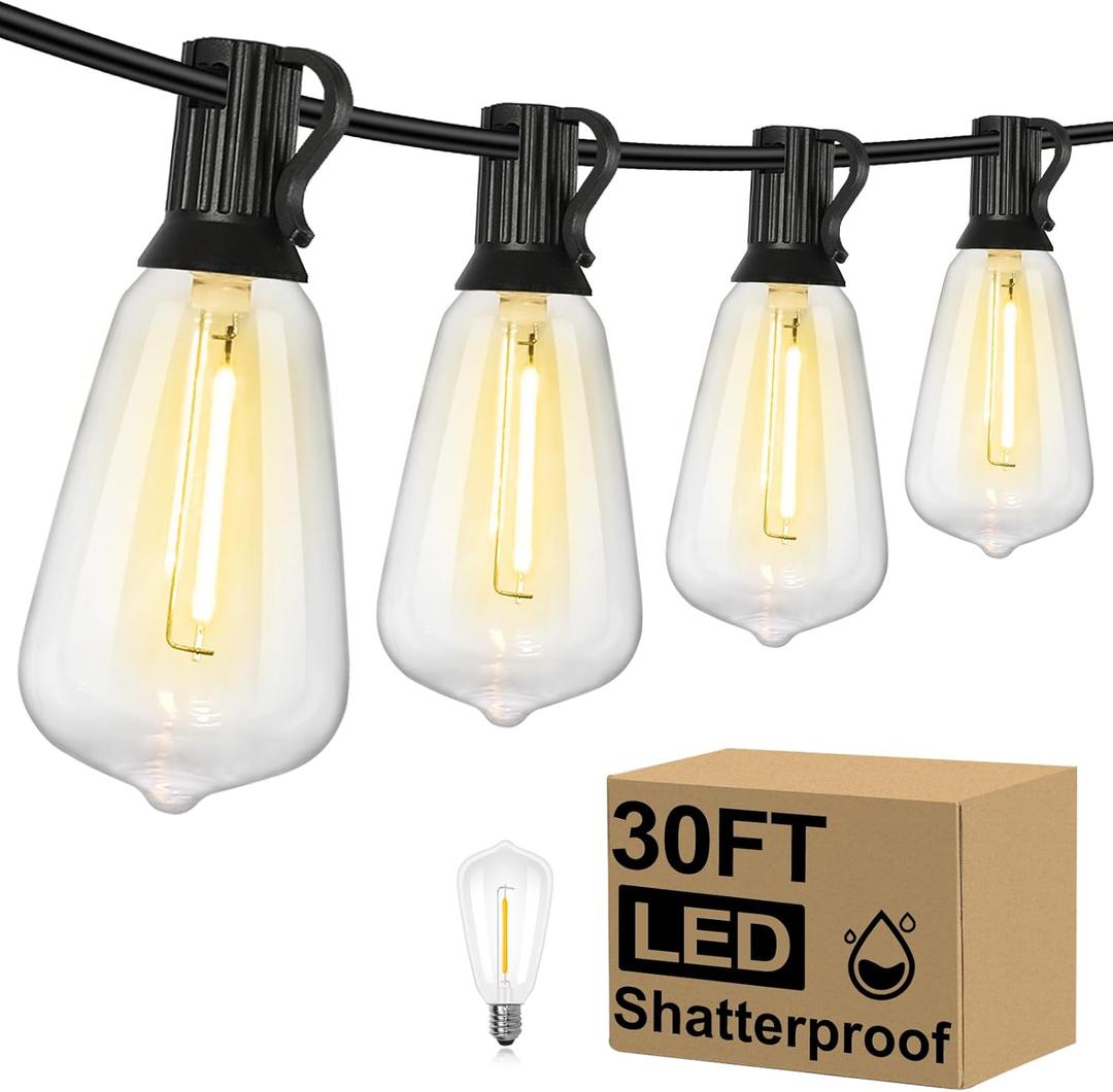 Brightever 30FT LED Outdoor String Light with 16 ST38 Vintage Edison Shatterproof Bulbs, Commercial Grade Patio Lights Connectable, Waterproof Hanging Lights for Balcony, Backyard, Warm White (30FT-Warm White, Black Wire)