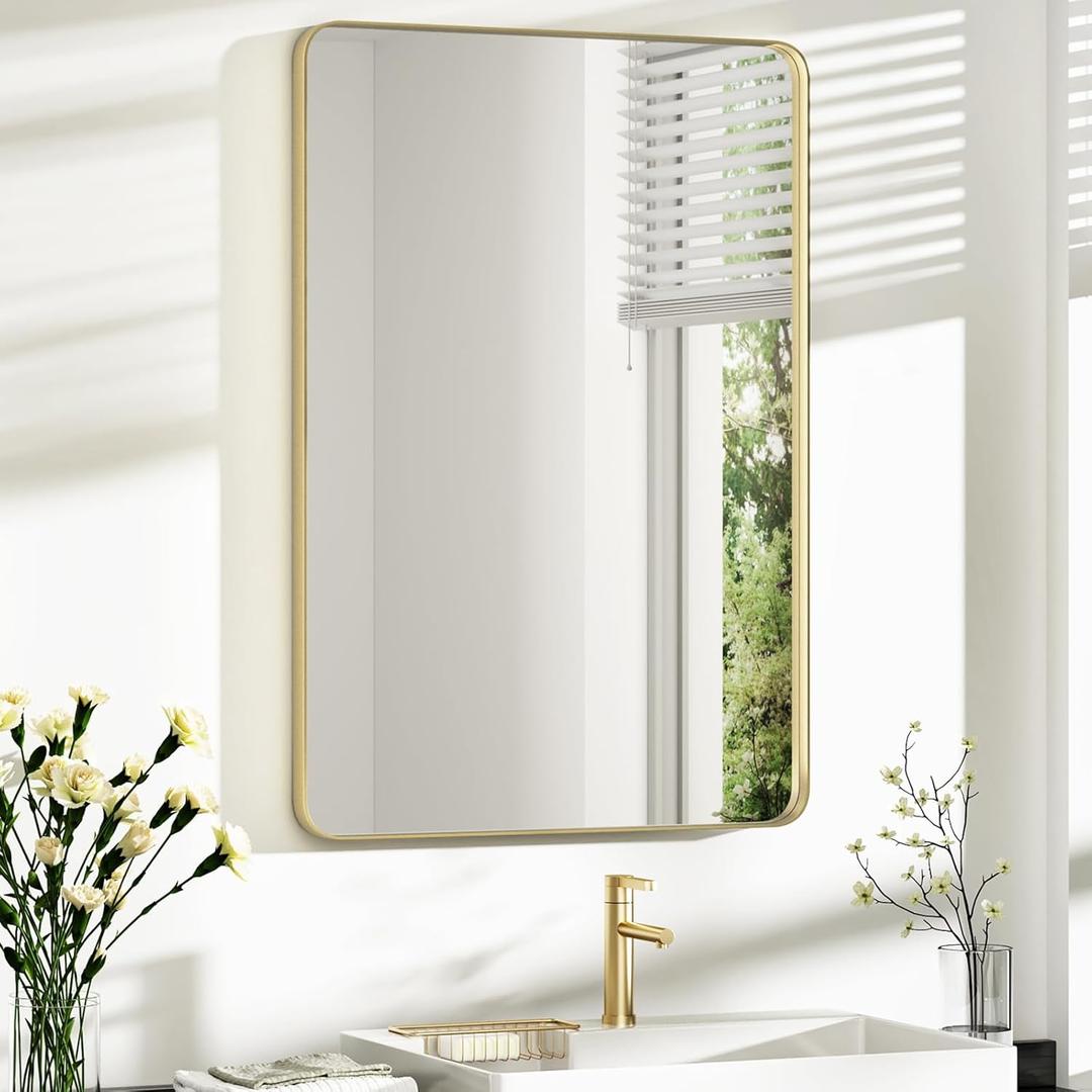 Bathroom Mirror 24x36 inch, Rustproof Aluminum Metal Framed Mirror for Wall, Matte Gold Bathroom Vanity Mirror, Shatterppoof Mirror, Living Room, Hanging or Leaning Horizontal or Vertical