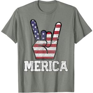 Merica Rock Sign 4th of July Vintage American Flag Retro USA T-Shirt 116 (5-6)