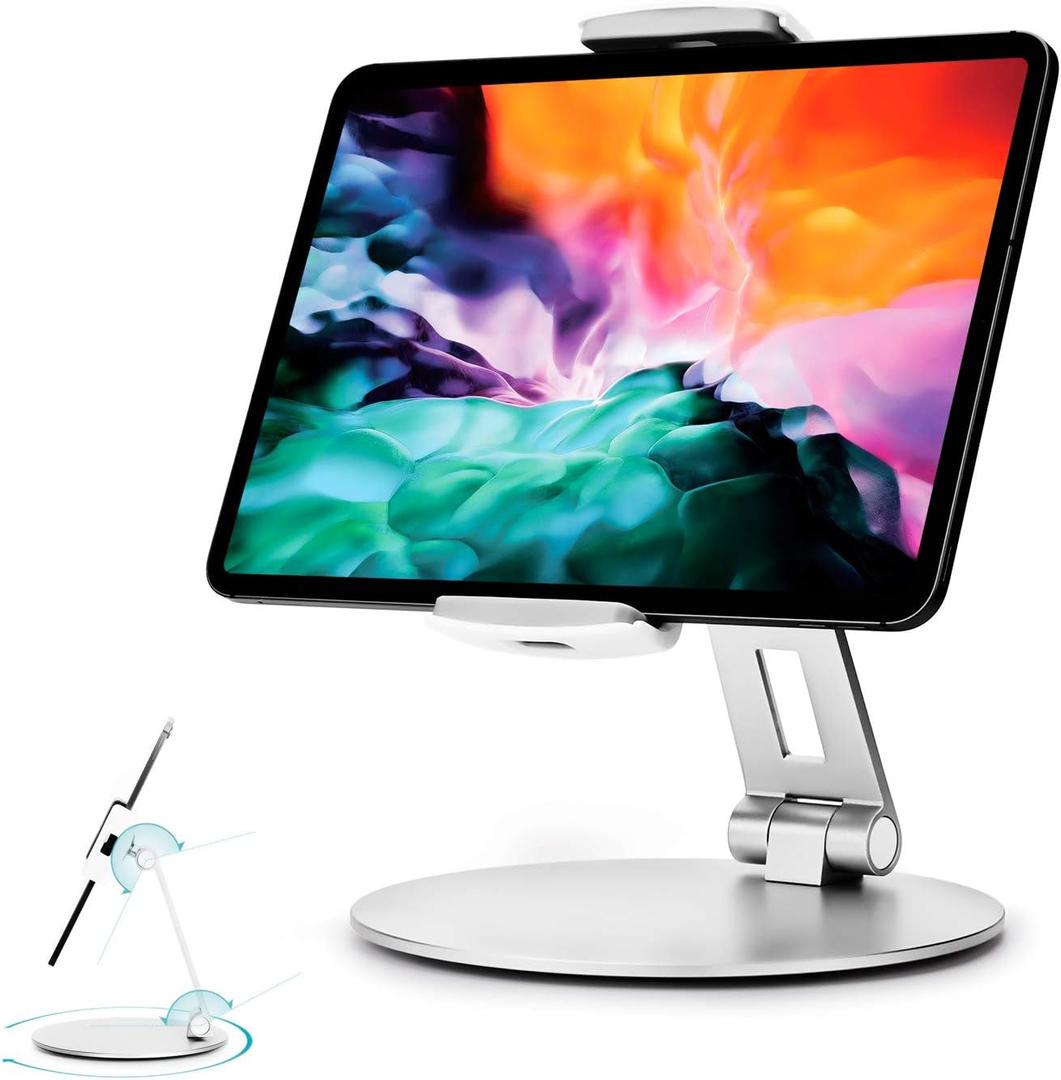 Stouchi Tablet Stand, 360Tablet Swivel Base Holder Galaxy Tab S8, Adjustable Desk Mount for iPad Mini 2021,Galaxy S22, POS Kiosk, Surface Pro 4, iPad Pro/Air fits 4-14 Tablet & Phone Silver