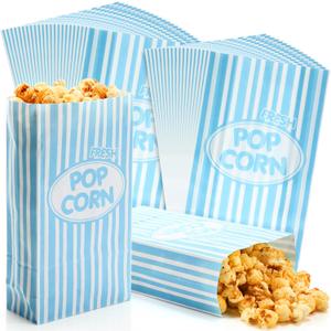 200 Pcs Paper Popcorn Bags Bulk 2 oz Large Individual Servings Popcorn Bags Flat Bottom Disposable Container Sleeve Vintage for Movie Night Themed Party Carnival Supplies (Light Blue)