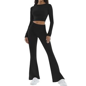 Sunzel 2 Piece Women's Lounge Sets Casual Outfits Cropped Top Long Sleeve Slim Fit Pajama Fold over Yoga Flare Pants Set (Black, L)