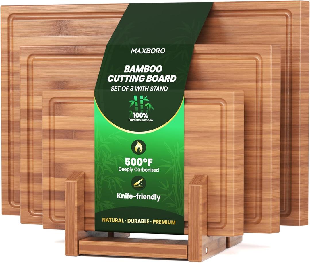 Bamboo Cutting Board Set of 3, Durable Wooden Chopping Boards with Distinctive Stand & Juice Grooves, Ideal for Meat, Vegetables, Fruit, Charcuterie Prep & Serving, Kitchen Essentials, Gifts for Mom (14.9"L x 0.6"W, Brown)