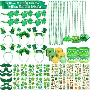 260Pcs St. Patrick's Day Accessories Bulk Party Favors Set, Shamrock Glasses, Necklaces, Bracelets, Headbands, Tattoo Stickers, Mustaches, Coins and Irish Sash, Irish Party Decorations Supplies