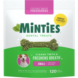 Minties Dog Dental Bone Treats, Tiny/Small Dental Dog Treats, 5-25 lbs, Clean Teeth, Fight Bad Breath, Removes Plaque and Tartar, 120 Count