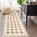 Beeiva Checkered Runner Rug for Hallway 2.5x8 Non Slip Washable Runner Rug for Kitchen 2.5x8, Beige Neutral Bathroom Home Decor Plaid Diamond Low Pile Print Carpet for Entryway Bedroom Laundry