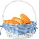 White Round Willow Wicker Gift Basket with Blue and White Gingham Liner, Small, Decorative Picnic Basket with Handles, Empty Wicker Basket for Gifts