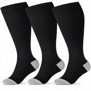 3 Pairs Wide Calf Compression Socks for Women Men 20-30 mmHg Knee High (Black)