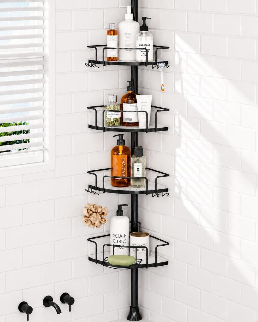 ALLZONE Corner Shower Caddy Tension Pole, 4 Hang-On Basket with Mixed-Height Shelves for Various Bottle Sizes, Extra Hooks & Soap Holder, Rustproof Stainless Steel, Fits 34116 Inch, Black/White