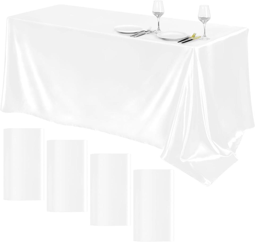 TURSTIN 4 Packs Satin Tablecloth 102 x 58 Inch Overlay Satin Table Cover Rectangle Bright Silk Tablecloth Smooth Fabric Table Decoration for Wedding Banquet Party Events, White