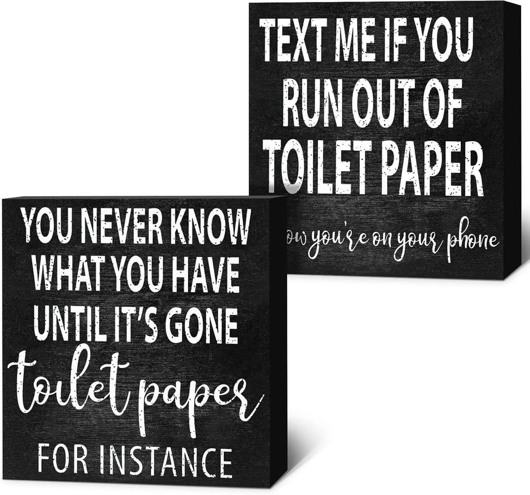 Jetec 2 Pieces Funny Farmhouse Bathroom Signs Black Wooden Rustic Box Signs Decor Bathroom Wall Art Toilet Paper Quotes for Home Guest Restroom Toilet Wall Shelf Decoration, 6 x 6 Inch