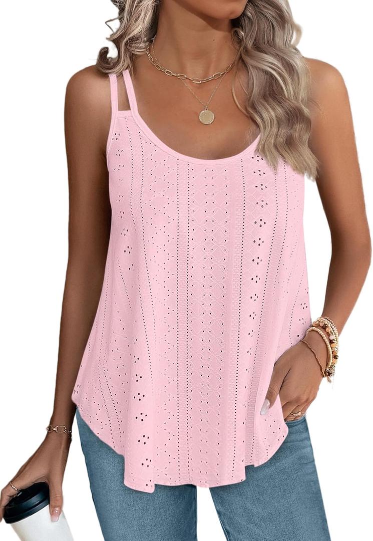 XIEERDUO Women's Tank Tops Spaghetti Strap Camisoles Eyelet Embroidery Scoop Neck Tops (Medium, Light Pink)