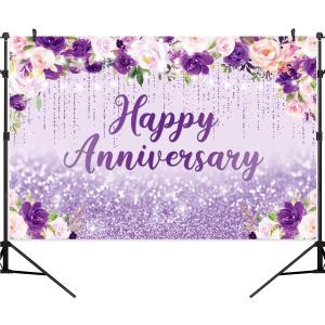7x5ft Happy Anniversary Backdrop, Floral Glitter Backdrop for Women Wedding Anniversary Decoration Violet and Pink Flowers Photography Background Cake Table Banner Party Decor